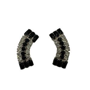 Vintage Black & Clear Rhinestone Arch Clip On Earrings